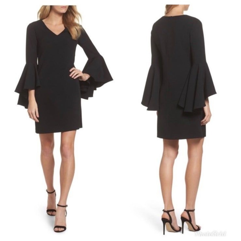 Eliza J Dramatic Bell Sleeve Black Crepe Shift Dress Size 18